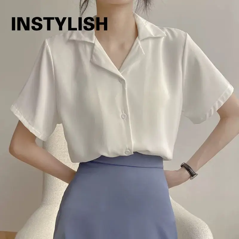 Kobiety lato eleganckie jednolita, szyfonowa bluzki Casual skręcić w dół kołnierz z krótkim rękawem luźne koszulki w koreańskim stylu szykowny Top tunika damska