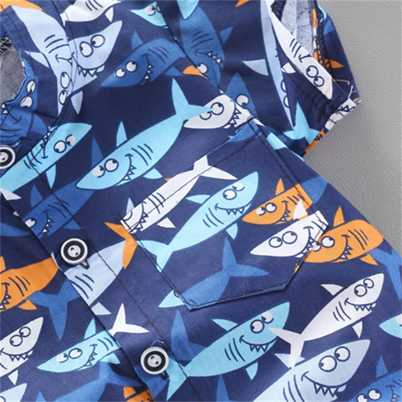 2PCS Infant and Toddler Summer Fashion Full Body Shark Pattern Random Printed Shirt Shorts Set