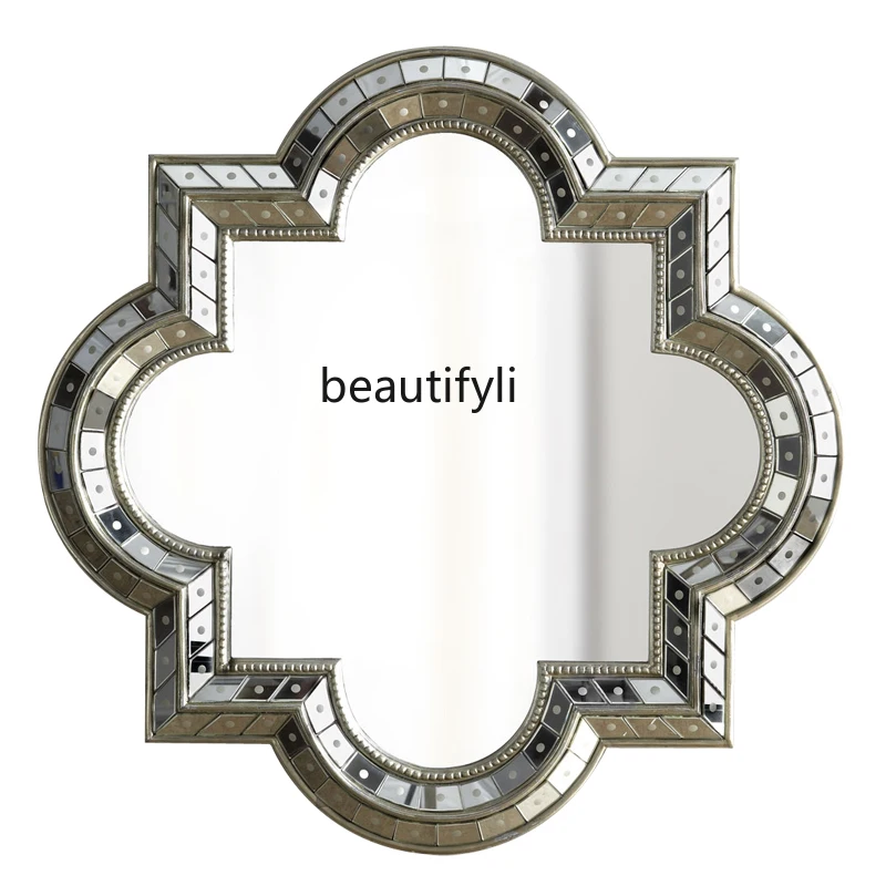 

Carving, porch, bathroom, mirror, makeup mirror, champagne gold paint, round old