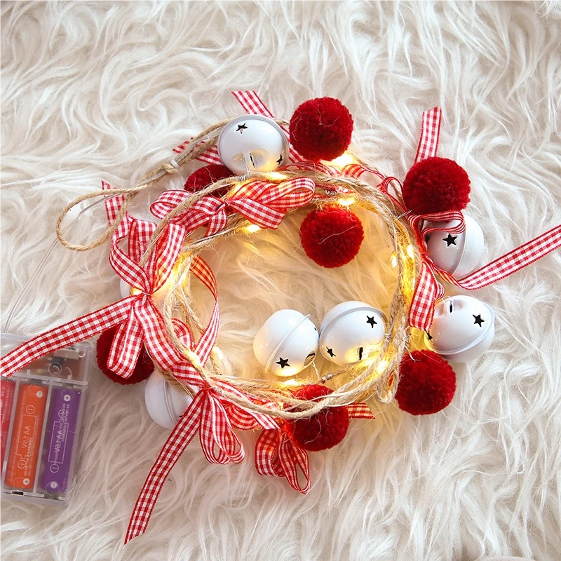 Christmas Bell String Lights with Red Pom Poms Bow Warm White LED Fairy Lights Battery Operated Indoor Home Xmas Tree Decoration
