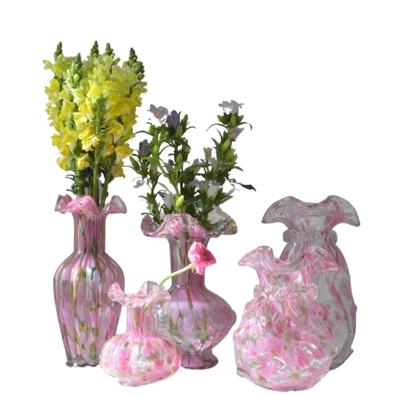 

Light luxury home living room pleated lace pink sprinkled gold handmade big belly glass vase water flower grower