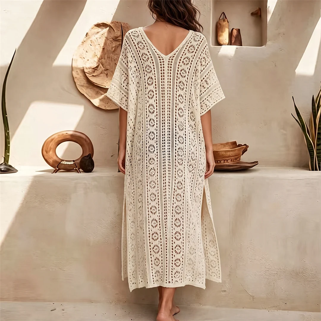 Halbarm-Tunika mit V-Ausschnitt und Aushöhlungen, gehäkelt, Strick, Strandkleid, Strandmode, Damen V8524 – Detail 10