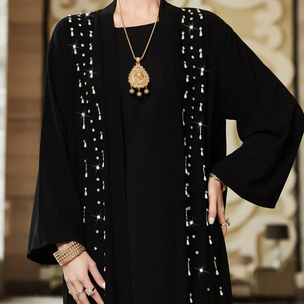 Abayas negras para mujer, vestido de fiesta turco de Dubái, cárdigan tipo kimono marroquí, Abaya musulmana abierta, caftán con diamantes, Eid, Ramadán