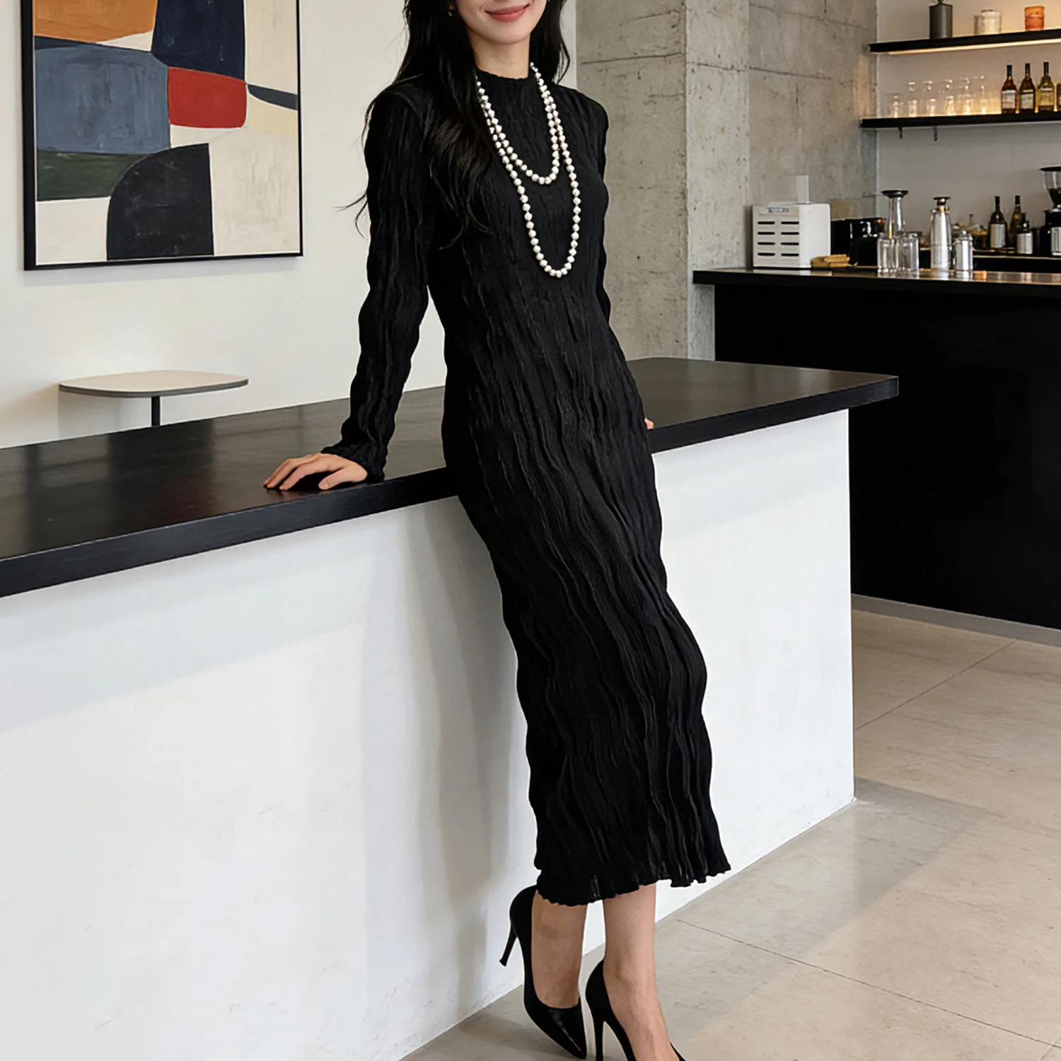 

Miyake Pleated 2026 New Spring and Summer Dress Personalized Solid Color Long-sleeved Bottoming Dress Light Mid-length Skirt