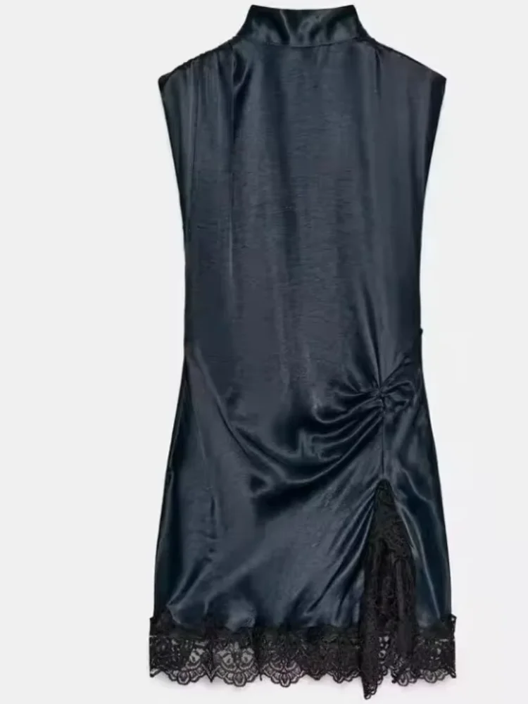 

Sexy Lace Dress Women Stand Collar Sleeveless Fitted Waist Cinched Pleated Gowns Lady Daily Party Short Gown
