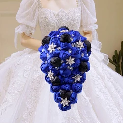 Luxury Gold Diamond Crystal Waterfall Bridal Bouquets Cascading Ribbon Flowers Black Bride Bouquet Wedding Accessories