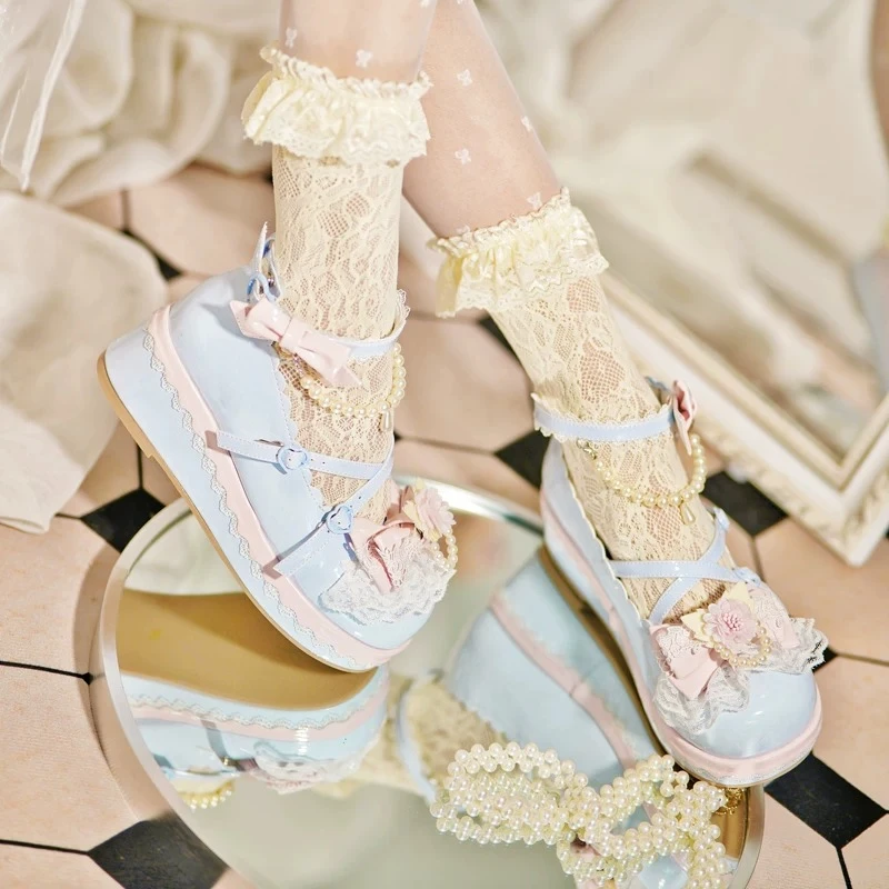 Japanese Sweet and Cute Lolita Candy Color Muffin Shoes Female Doll Sense Pearl Bow Round Head Princess Lo Female Single Shoes