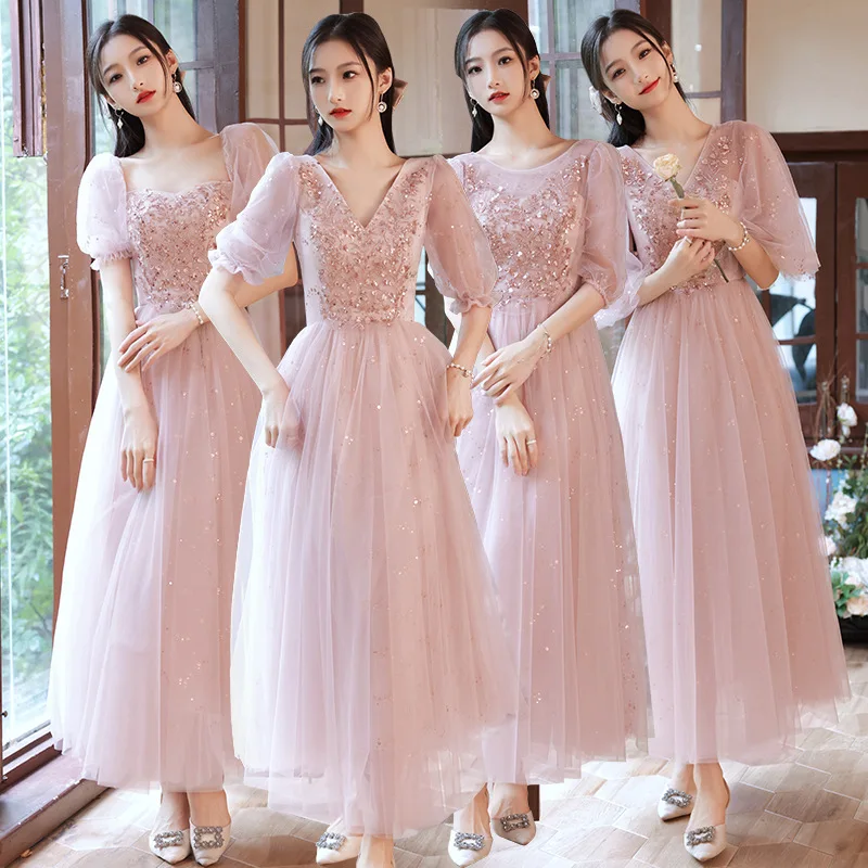 4 Styles Pink Bridesmaid French Square Collar/V-Neck Wedding Female Guests Dresses Exquisite Applique Sequins Sisters Group Gown