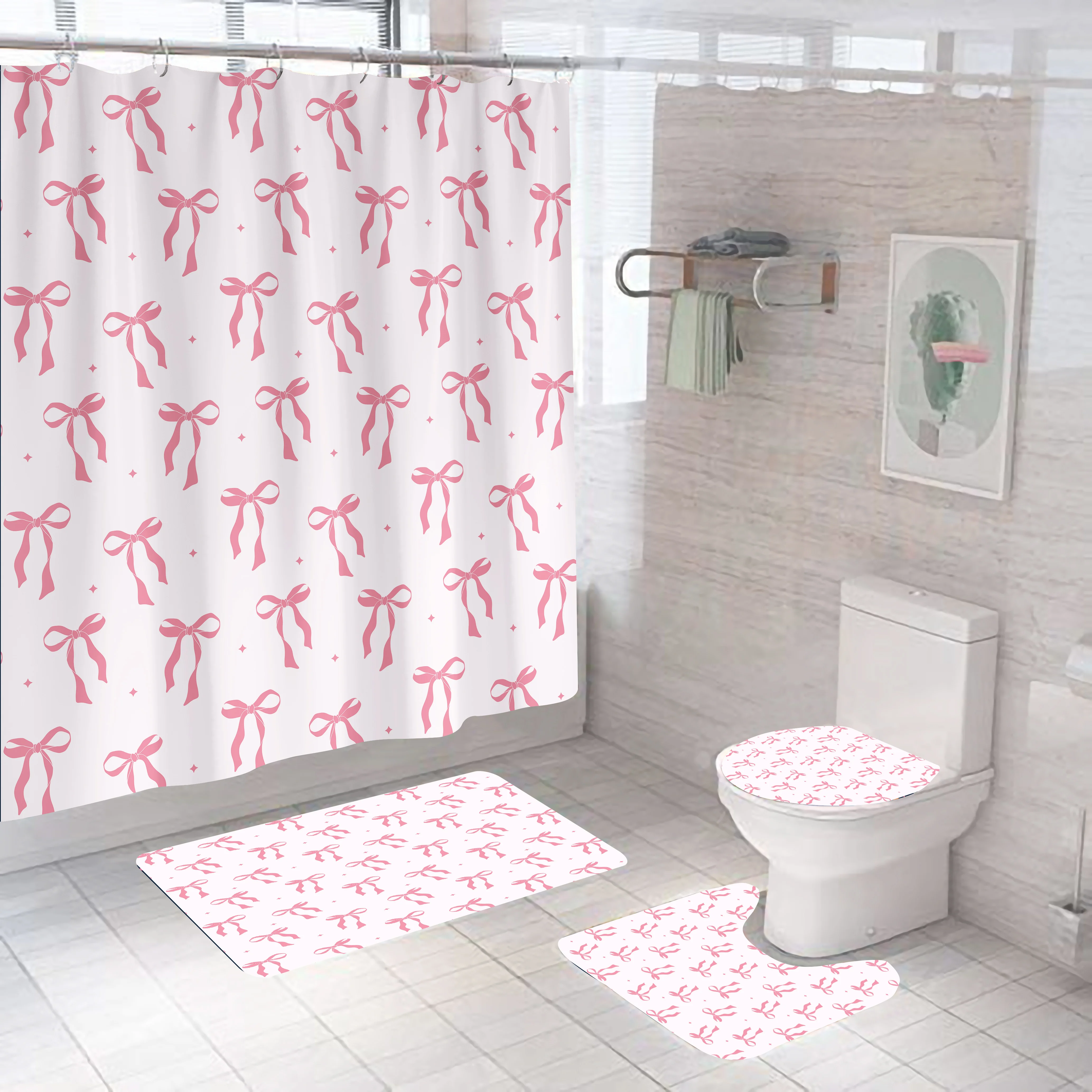

Pink Bow Shower Curtain Polyester Waterproof Fashion 1pc/3pcs/4pcs Bathroom Floor Mat Toilet Set Bath Accessories Mildew Proof