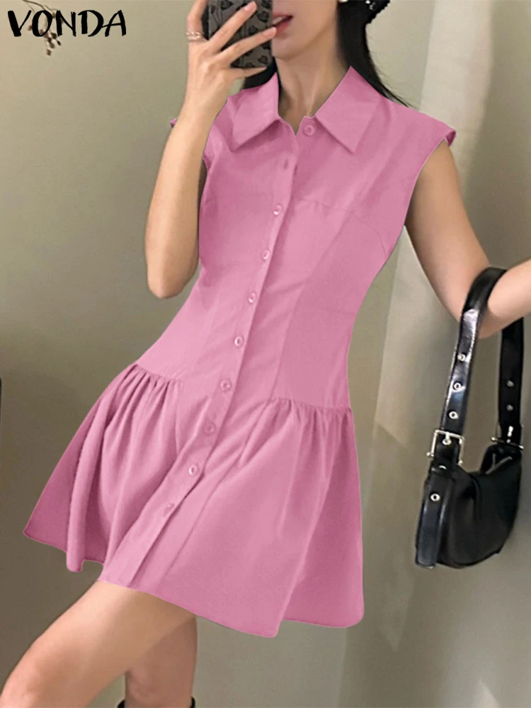 Solidna Mini Sukienka Damska Letnia Bez Rękawów Tank Sundress 2025 VONDA Casualowa Sukienka z Klapami i Guzikami Elegancka Falbankowa Vestidos Luźna Krótka Szata