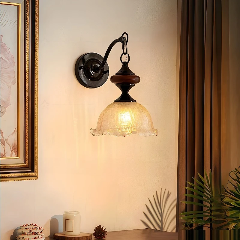 American Ice Crack Flower Glass Wall Lamp Middle Ancient Style Bedroom Bedside Living Room Hallway Staircase Lighting Decoration