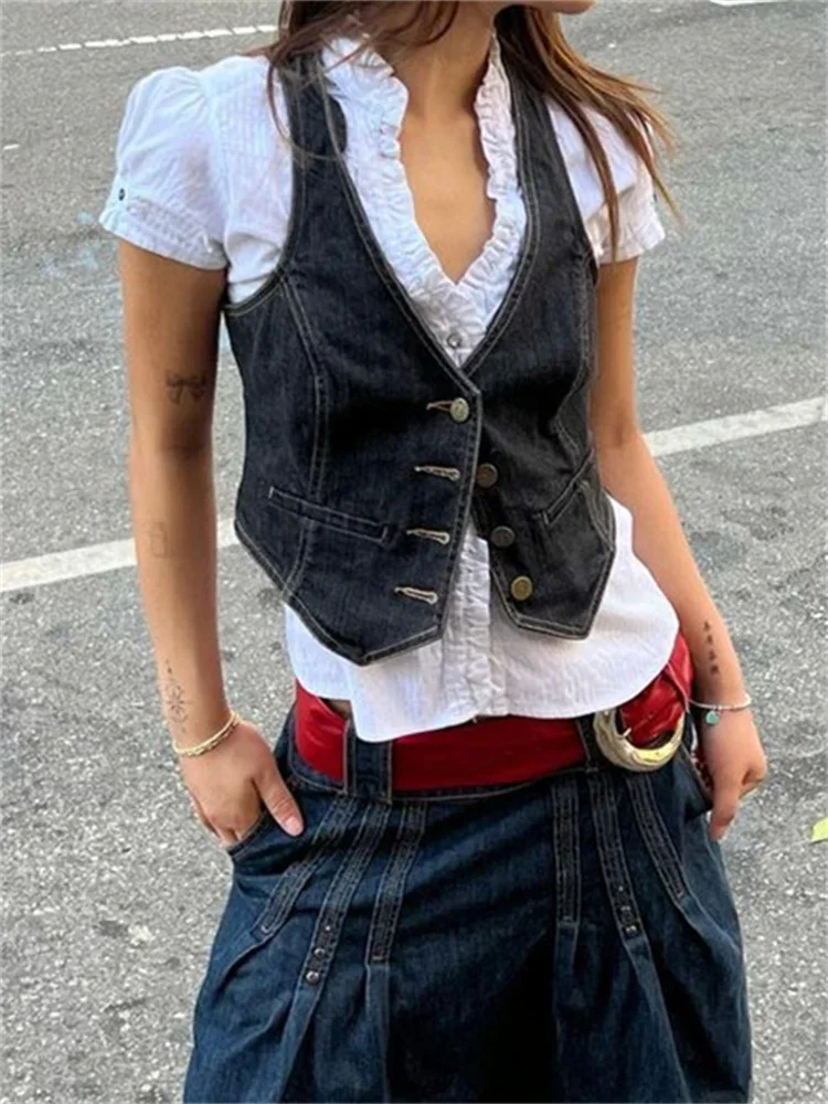 Women Denim Vest Coat Y2K Aesthetic Sleeveless V Neck Button Down Crop Top Summer 2000s Gothic Grunge Kawaii Tank Top Streetwear