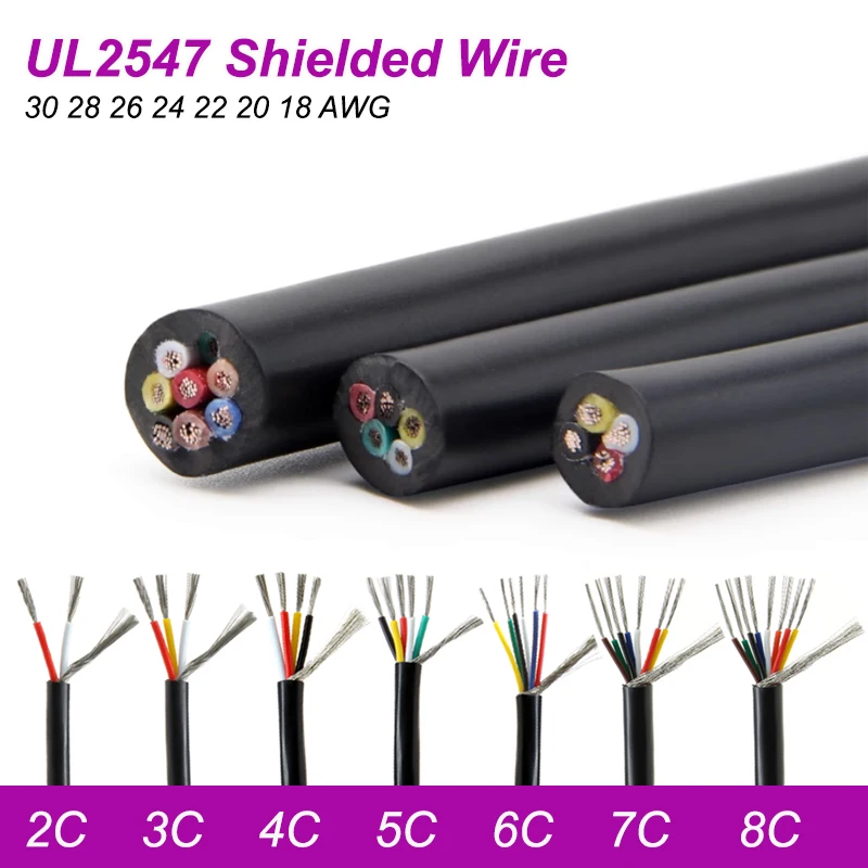 1~20m UL2547 Shielded Wire 30 28 26 24 22 20 18 16AWG 2~8Cores PVC Insulated Headphone Control Copper Audio Signal Cable