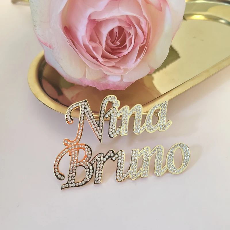 Stainless Steel Customized Name Brooch with Crystal  Custom Name Plate Ladies Men Lapel Pin Personalized  Wedding Part Gift