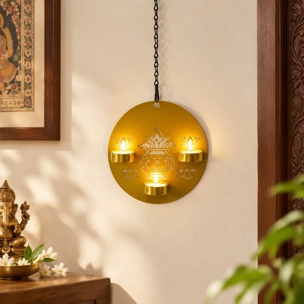 Iron Diwali Candle Holder Golden Finish Engraved Pattern Wall Candle Stand With Hanging Chain Round Candlestick Home Wall Decor