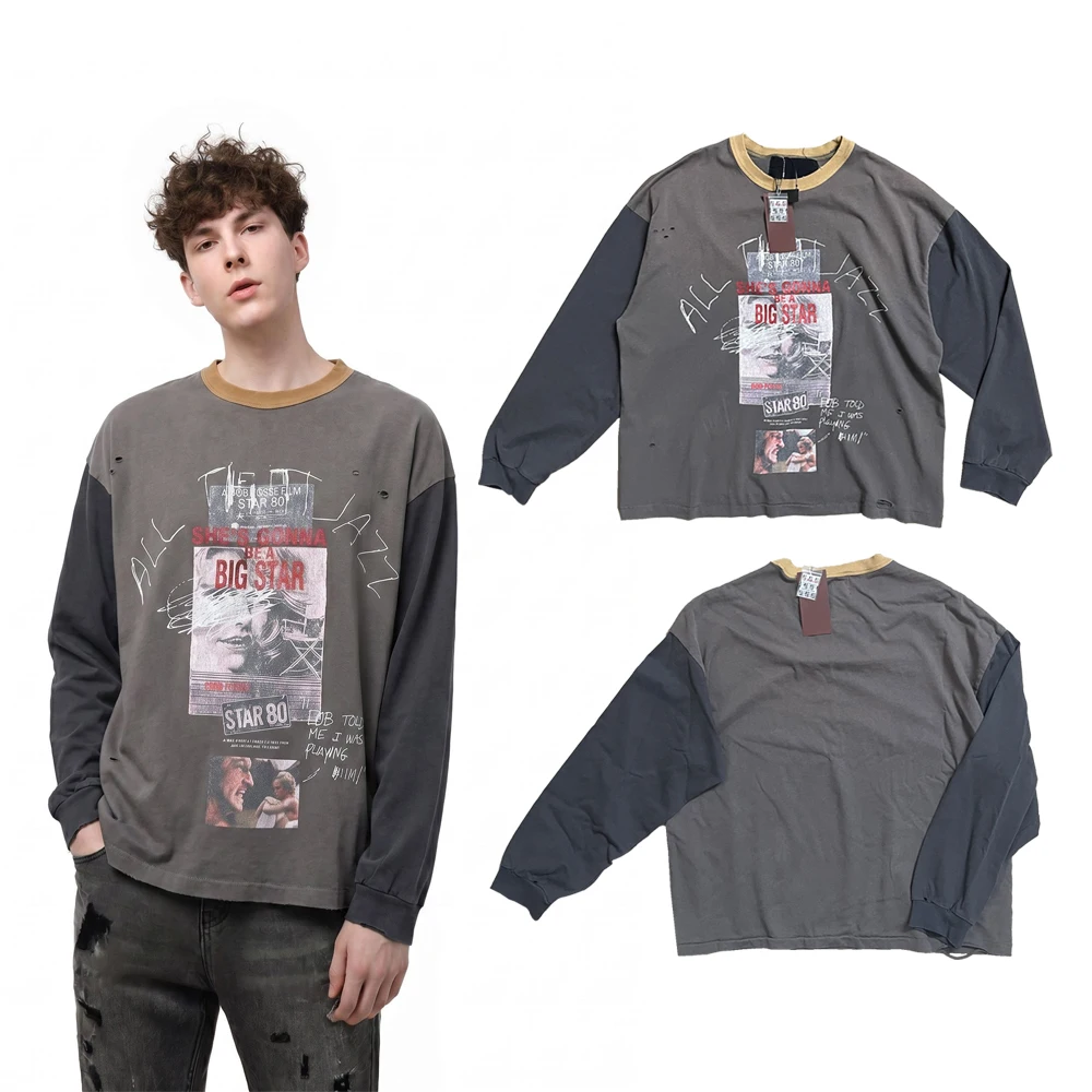 Y2k Streetwear Street Art Graphic T Shirts Hip Hop Street Style Cotton Retro Distressed Ripped Patchwork Casual Full Sleeve Tees