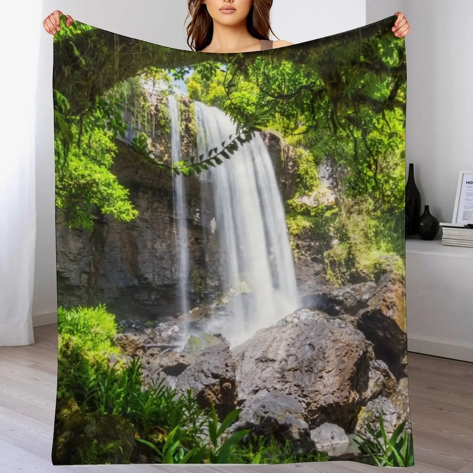 Waterfall framed by trees Throw Blanket Air Conditioner Soft Blanket for Office Home
