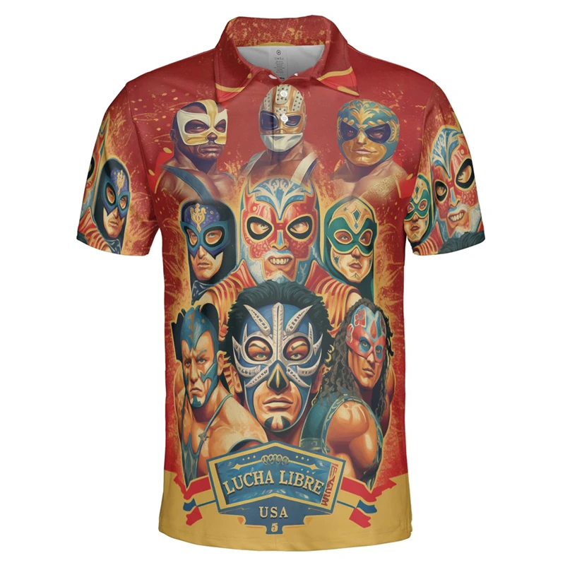 Lucha Libre 3D Print Short Sleeve Polo Shirts For Men Clothes Luchador Mask Graphic Button POLO Shirt Casual Fighting Lapel Tops