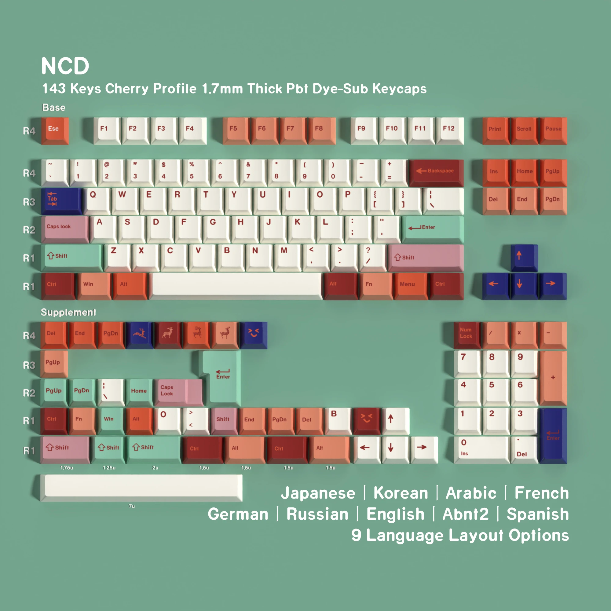 JCM Cherry Keycaps Dye Sub Nine-colored Deer ISO ANSI 143 Keys For Mechanical Keyboard German Korean Spanish Arabic Russian