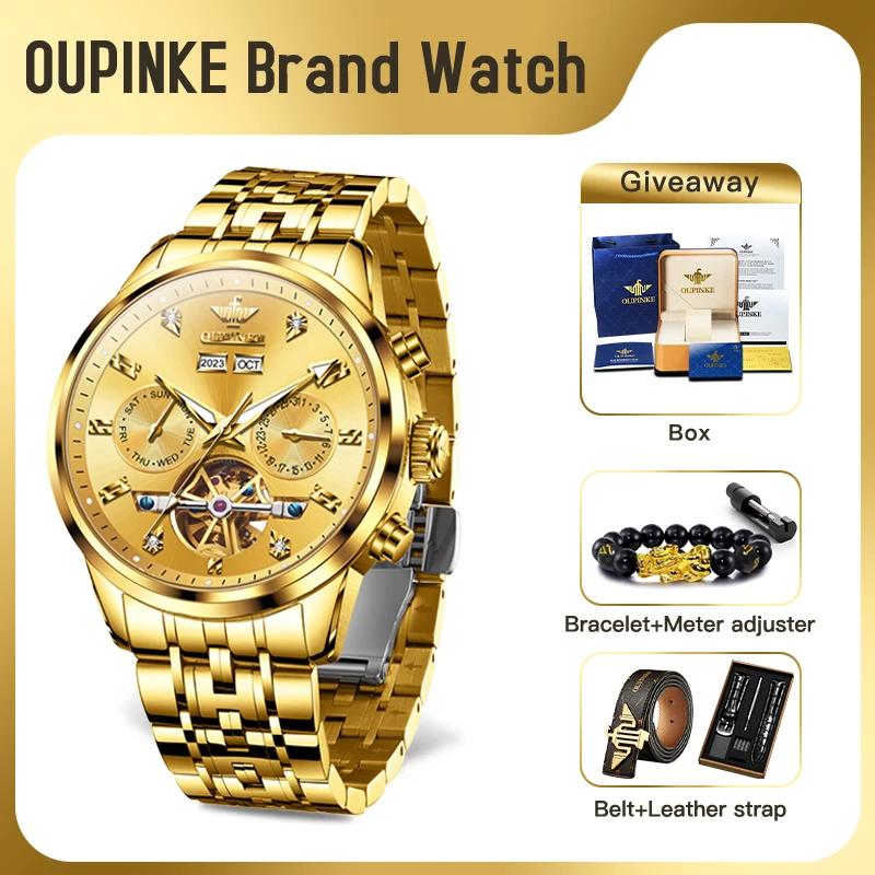 

OUPINKE 3248 Mens Watch Original Brand Automatic Mechanical Watch﻿ Multifunctional Chronograph keleton Tourbillon Watch For Men