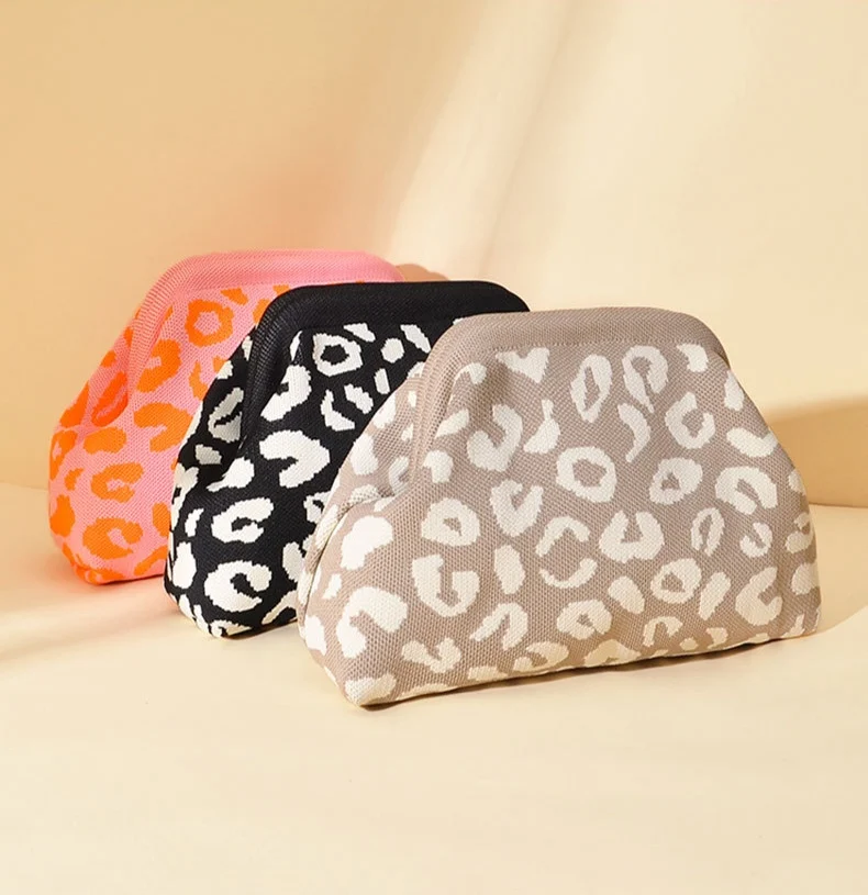 

Bestseller Leopard Print Clutch Bag Lady Color-Blocking Knitted Clip Bag Large-Capacity Fashionable Versatile Handbag Women