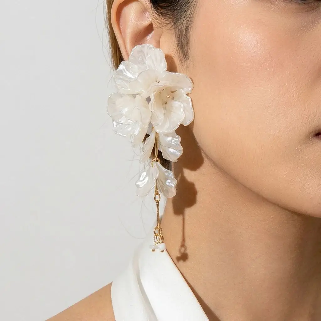 Elegant White Petal Flower Tassel Drop Earrings for Women Exaggerated Acrylic Shell Flower Earrings Wedding Party Jewelry