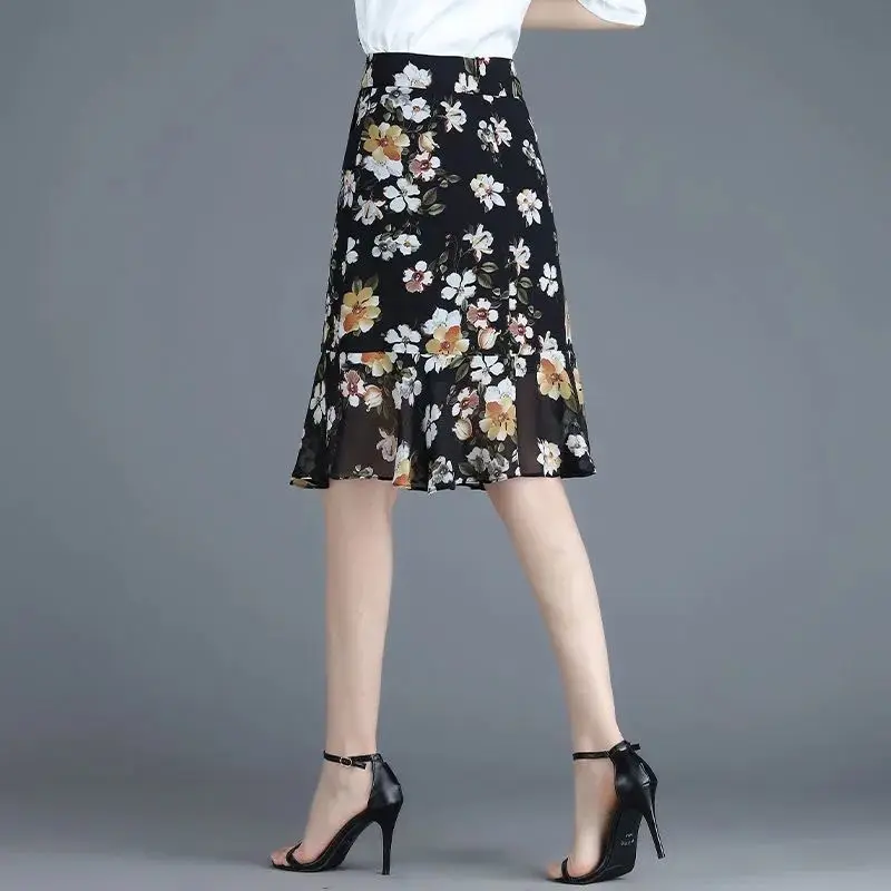 Jupe femme en mousseline de soie à volants floraux Midi noir jupes féminines Chic et élégante Y2k Vintage mode coréenne décontracté Style modeste V