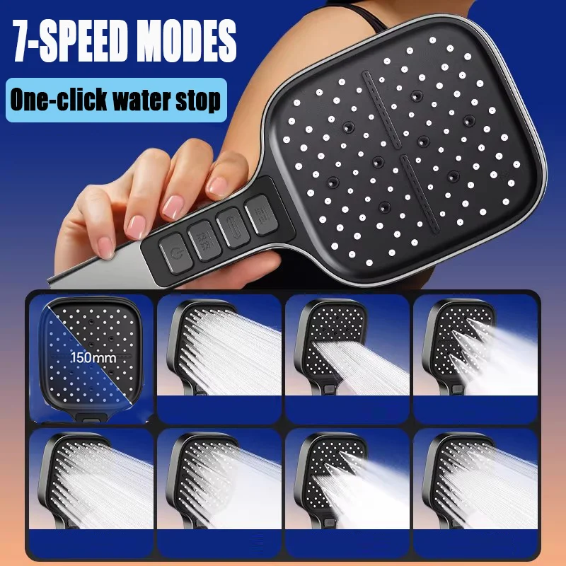

New 1pc 7 Modes Large Panel Shower Head Adjustable One Key Stop Sprayer Nozzle High Pressure Water Saving Bathroom Showerhead