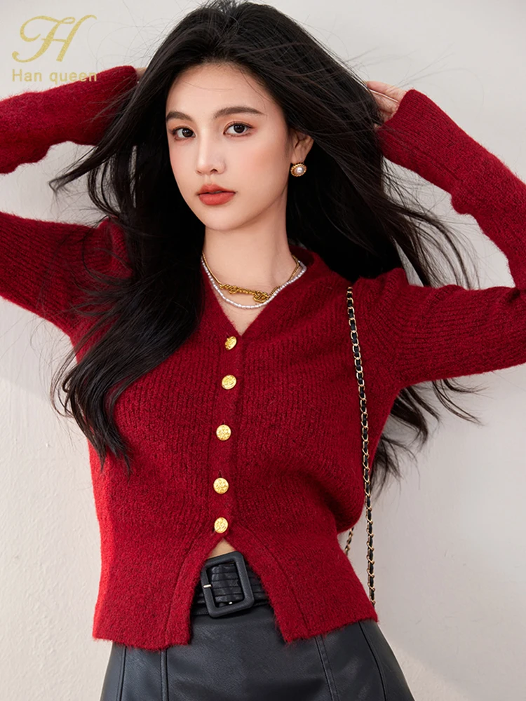 H Han Queen 2024 Autumn Vintage Red Christmas Sweater Korean Chic Knitted Cardigan Women\'s Clothing Casual Basic Long Sleeve Top