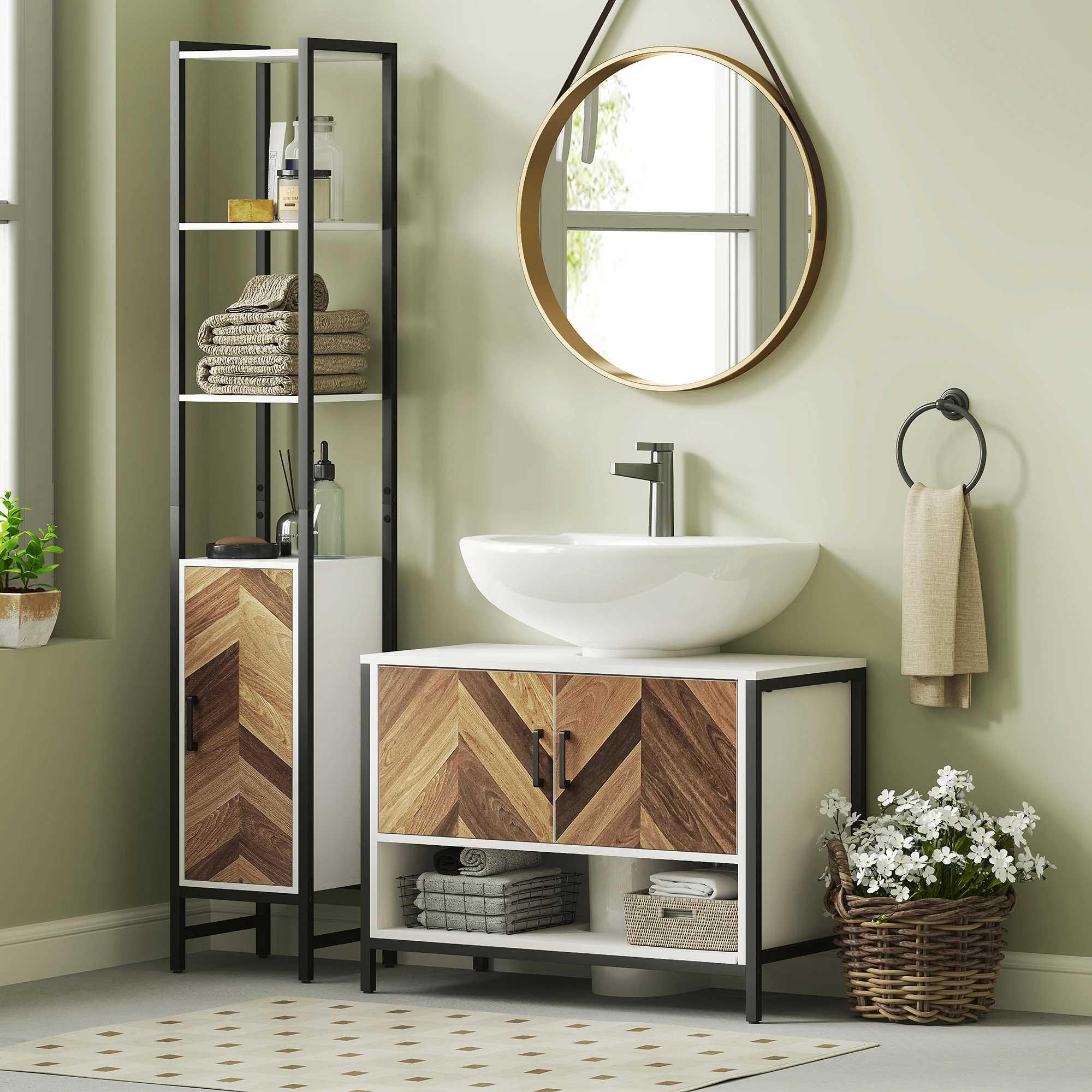 Homcom Möbel unter Becken mit 2 Türen und Fach 80x40x60cm Creme und Nussbaum