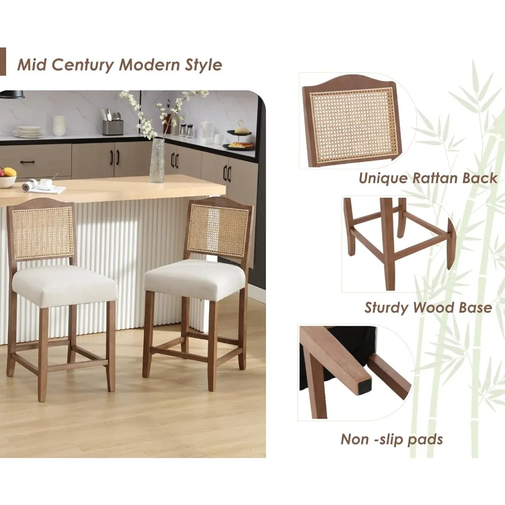 Conjunto de bancos de bar com altura de balcão, 2 bancos de bar de vime, cadeiras de bar modernas de meados do século, bancos de cozinha estofados wi