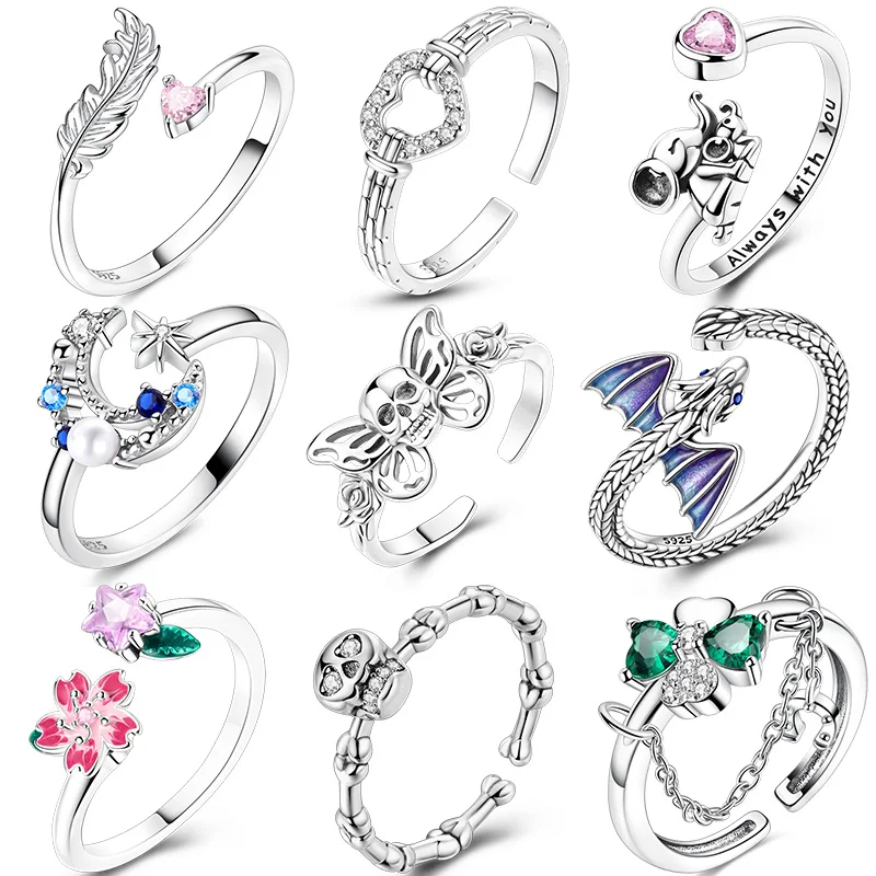 Original 925 Sterling Silver Ring Series Sun Moon Love Fishtail CherryBlossom Opening Ring For Women Birthday Party Jewelry Gift