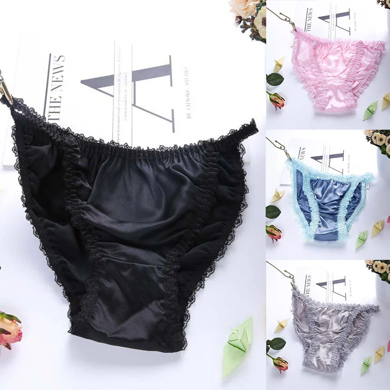 Celana Dalam Wanita Lingerie Pantys Warna Solid Pinggang Rendah 100% Celana Dalam Seksi Berenda Sutra Celana Dalam Seksi Elastis Sejuk untuk Wanita