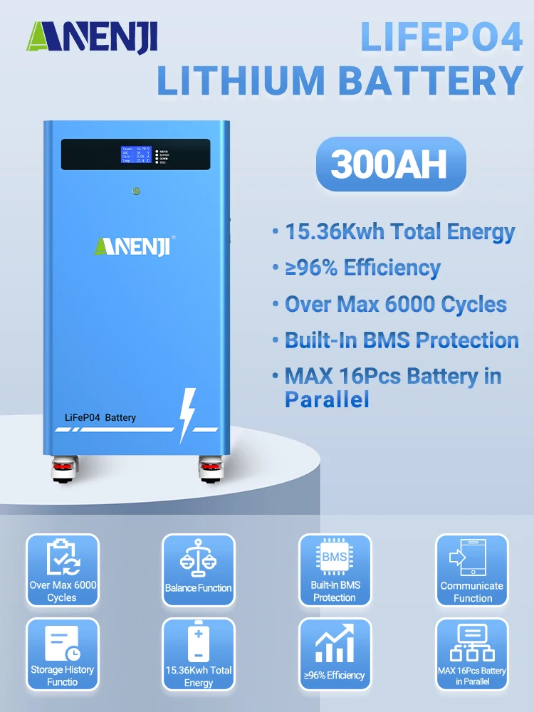 ANENJI LiFePO4 Lithium-Solarbatterie 51,2V 300AH 15kWh mit BMS-Speicherbatterie-Serienpack für Heimenergiespeichersysteme