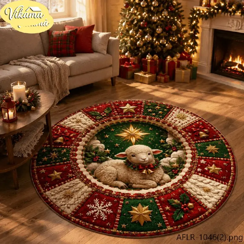 VIKAMA Christmas Round Rug Christmas Lamb Wreath Bell Star Area Rug Living Room Holiday Home Decor Aesthetic Art Large Premium