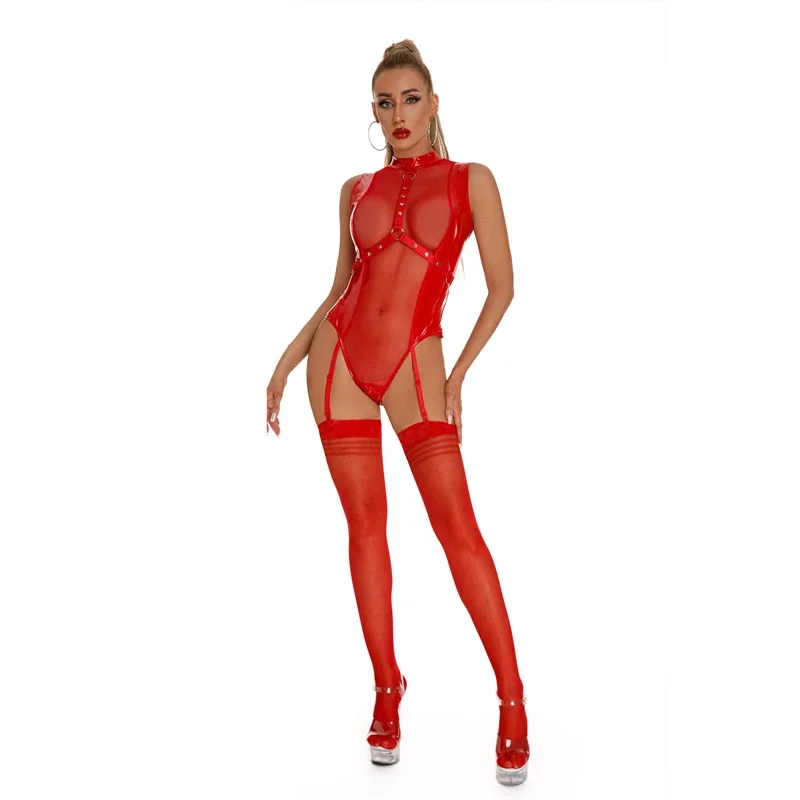 AIIOU-lencería Sexy de piel sintética para mujer, Body de peluche, Catsuit de látex Wetlook y medias, disfraz erótico de cuerpo mustess