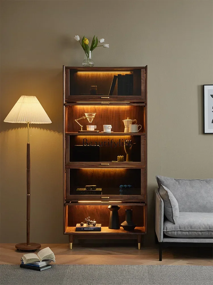 

Nordic solid wood frame, black walnut with glass door, Japanese display, wall locker