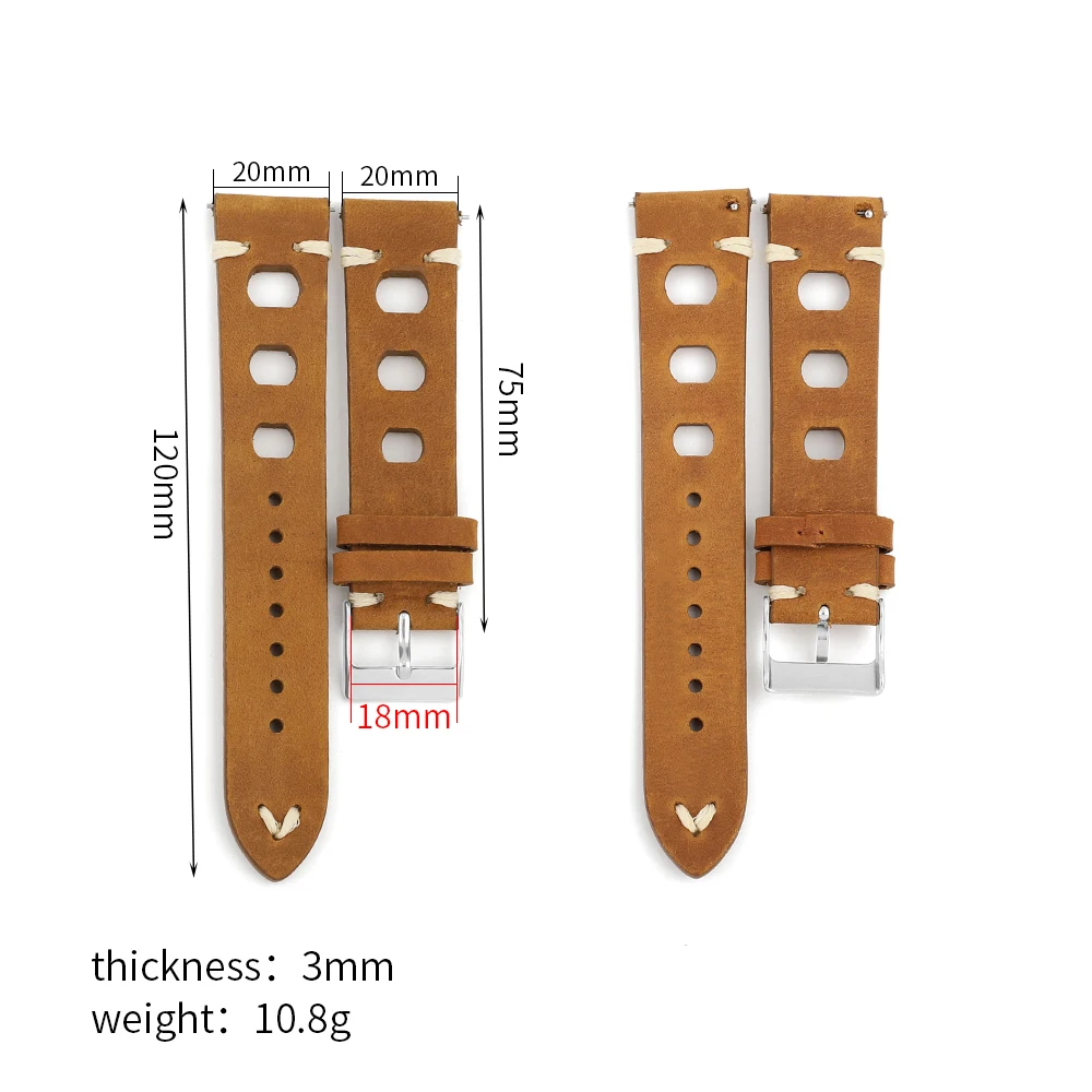 Vintage Crazy Horse Real Leather Watch Band 18mm 19mm 20mm 22mm Breathable Hole Strap Quick Release Hand Stitching Watchband