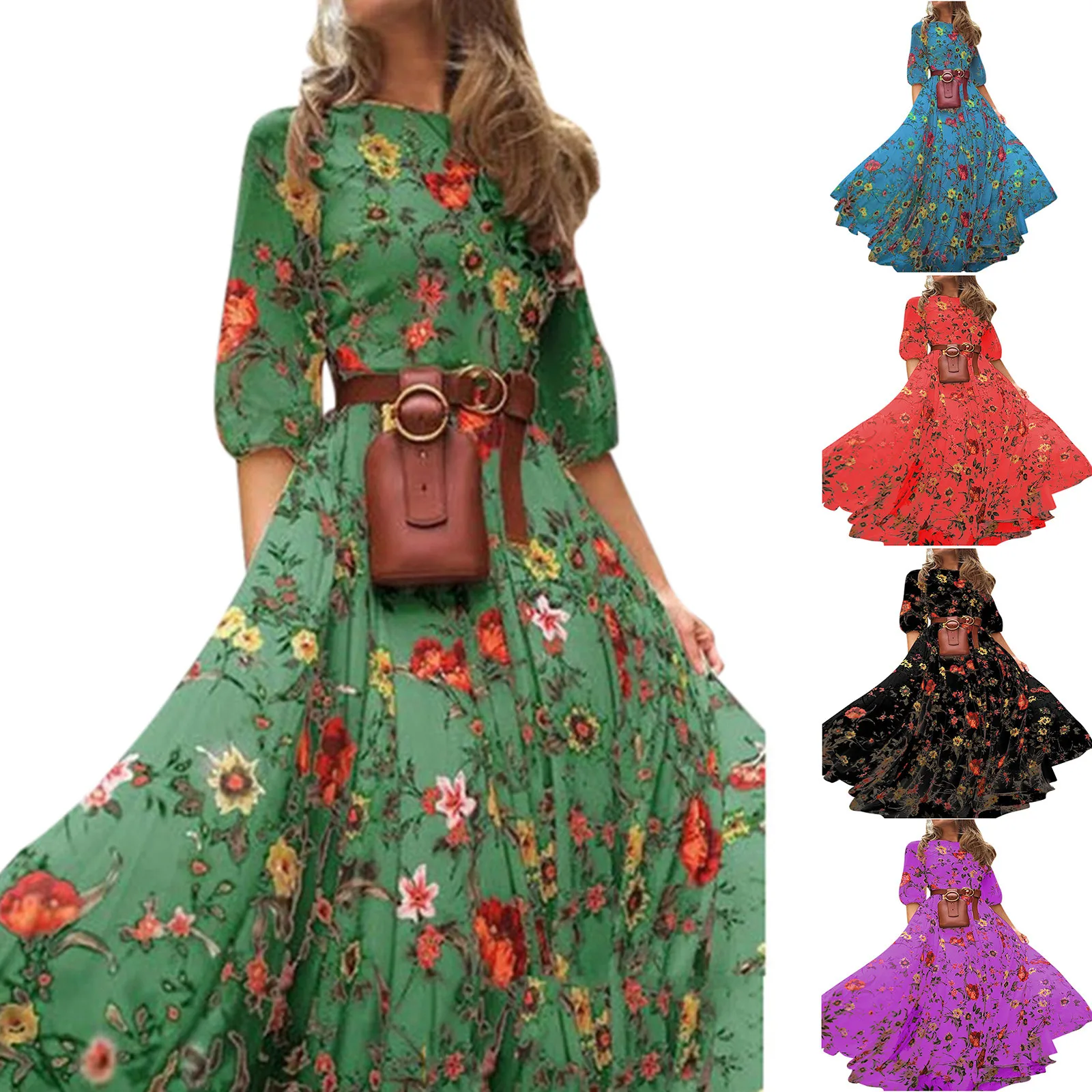 Dress For Ladies 2024 Summer Casual Fashion Bohemian Style Dresses Half Sleeve A Line Printed Loose Ankle Length Sundresses