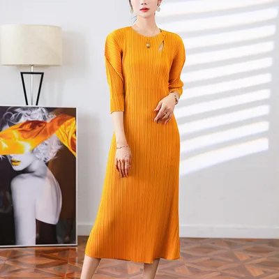 HOT SELLING o-neck one button three-quarterMiyake women's hem slit mid-length pleated dolman sleeve A-line dress IN STOCK