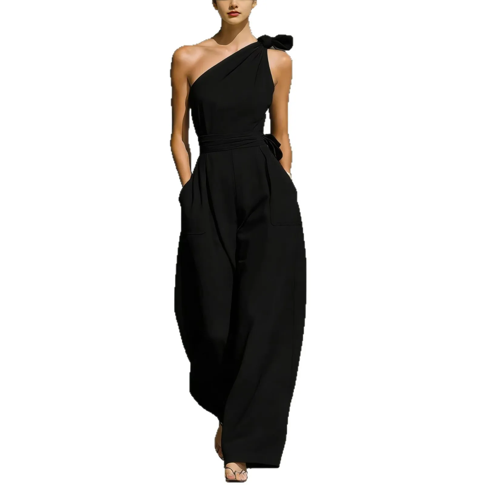 Sleeveless Wide Leg Pants Mid Rise Fresh Sweet with Full Length Off Shoulder Lazy Style No Stretch Lightweight Women Jumpsuit