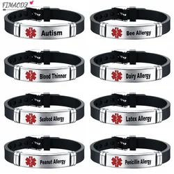 FIMAODZ Penicillin Allergy Bracelet Medical Alert for Kids Men Autism Peanut Allergy Stainless Steel Bracelets Silicone Bangles