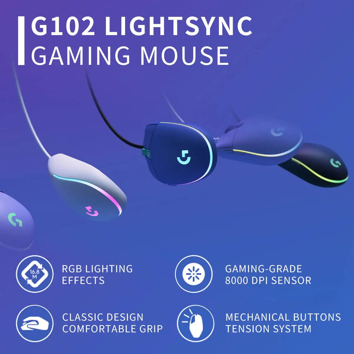 Logitech G102 Wired Gaming Mouse Human Friendly Grip Dependable Switches RGB Illumination For Gaming Document Work