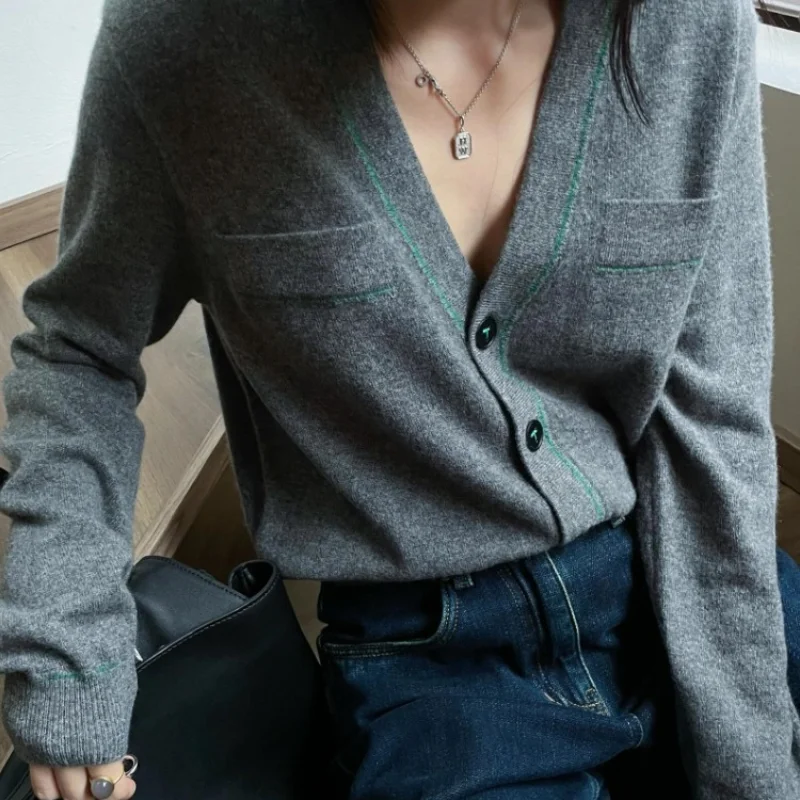 Autumn/Winter New 100% Pure Wool Cardigan Casual Gray Knitted Ladies Tops Loose V-Neck Sweater Cashmere Blouse Thickened Pockets