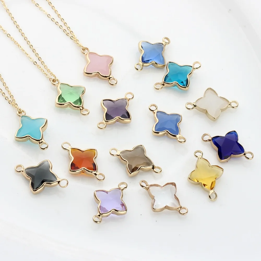 10pcs/lot 13*20MM Copper-plated Edged Crystal Glass Four-leaf Clover Connector Pendant DIY Necklace Bracelet  Accessories