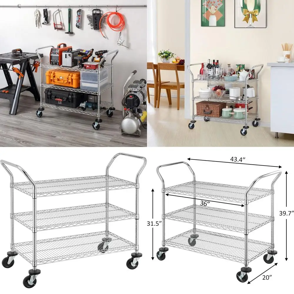 

Трехуровневая тележка коммерческого класса на колесиках, сверхмощная тележка с колесами и ручками, вместимость 500 фунтов, металлическая кухня 20D x 36 Вт