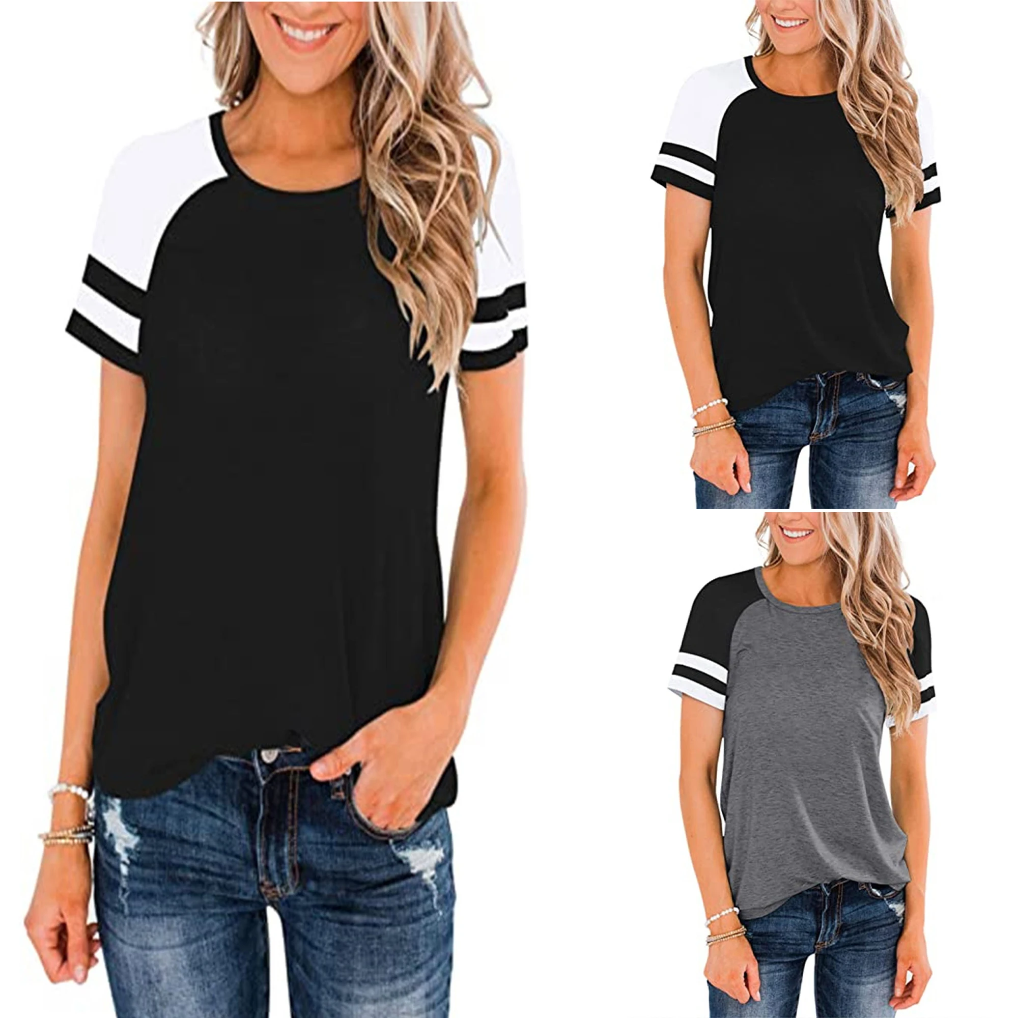 

2025 Europe and the United States spring and summer new women's blouse solid color crew-neck splicing short-sleeved T-shirt woma