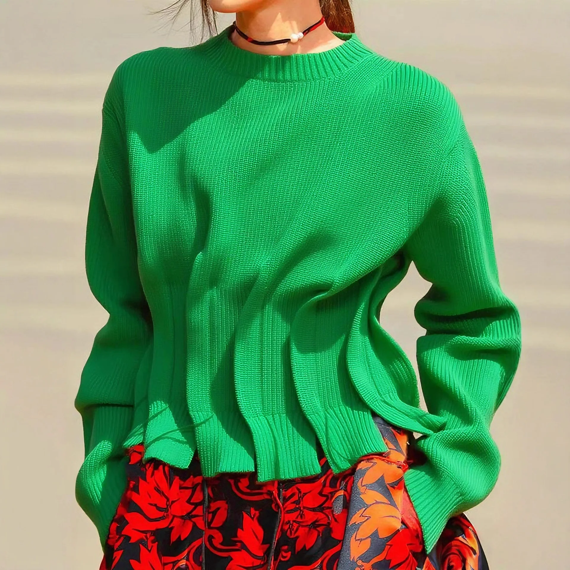 

Casual Solid Color Sweater For Women Autumn Winter Fashion New Round Neck Long Sleeve Pleated Split Pullover Loose Warm Top