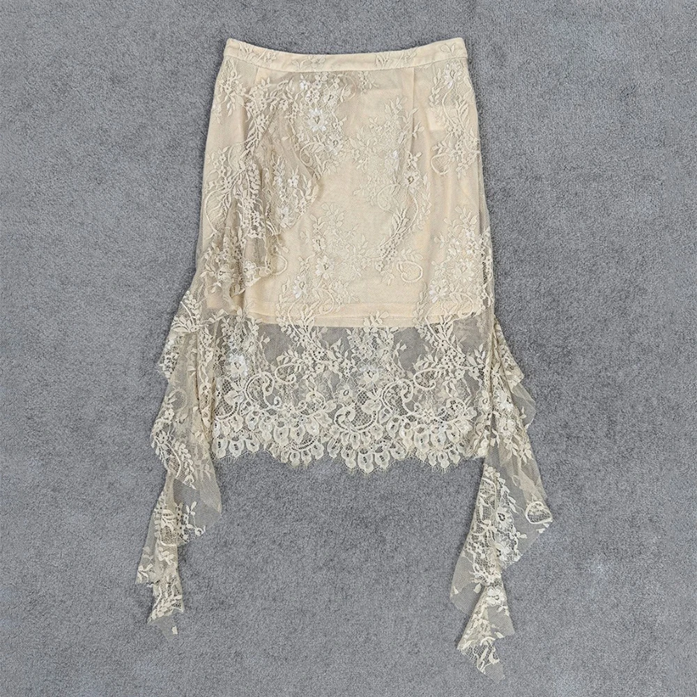 Women Lace Skirt Elegant Floral Embroidery Mesh Skirt Irregular Asymmetrical Ruffle Hem High Waist Slim Party Skirt For Female