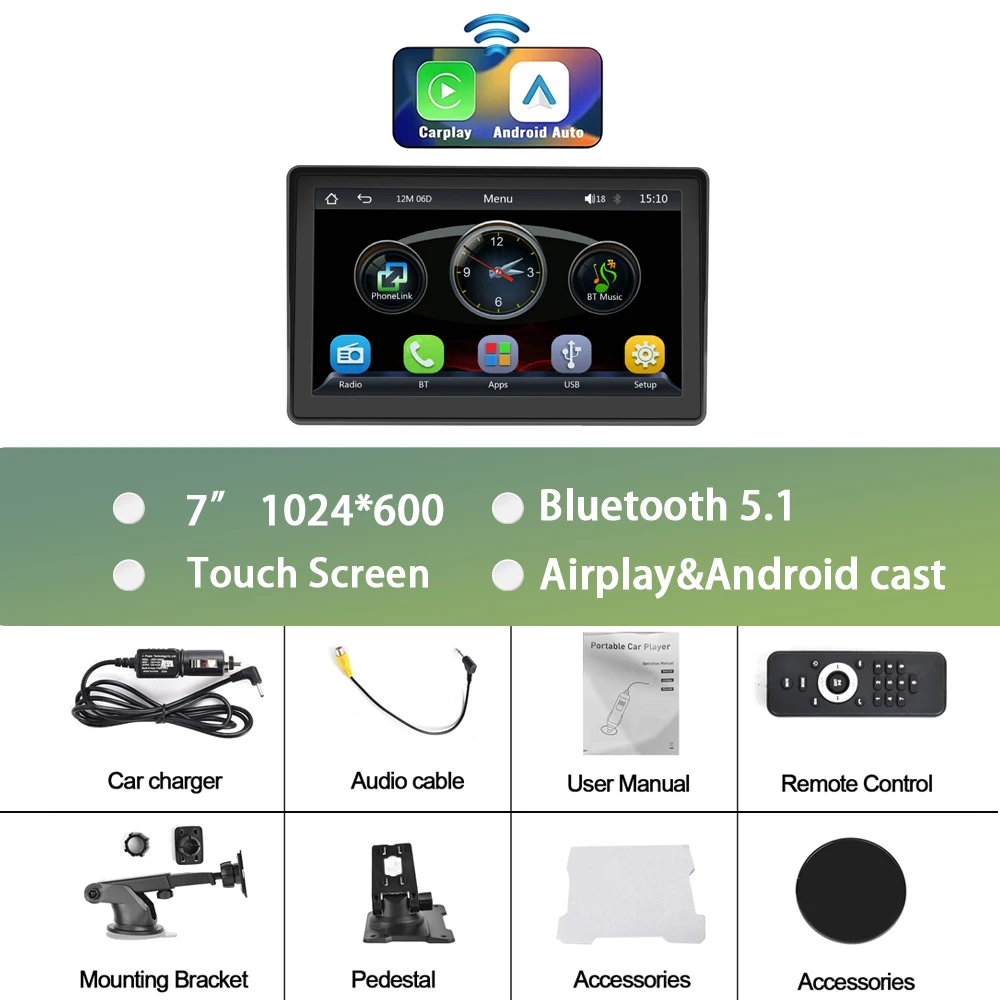 Podofo 7" Draadloze CarPlay-speler Draadloos Android Auto 2din Stereo-ontvanger Dashboard Smart Player FM BT Auto Intelligent systeem